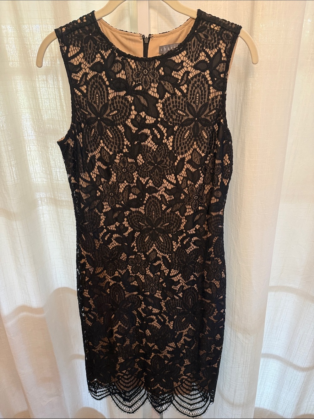 Sharagano Black Lace Midi Dress with Nude Lining